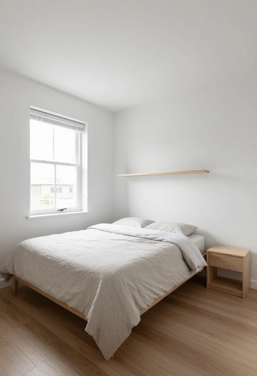 Wide shot: A compact bedroom with the bed anchored against the longest wall, low or no headboard placed under a window to keep sightlines open, 24-inch clear walkway on the primary side, a narrow nightstand on one side and a slim shared shelf above the headboard on the other wall; clean white walls, neutral bedding, soft morning natural light streaming through the window, tidy open pathways, straight-on perspective emphasizing flow and openness.