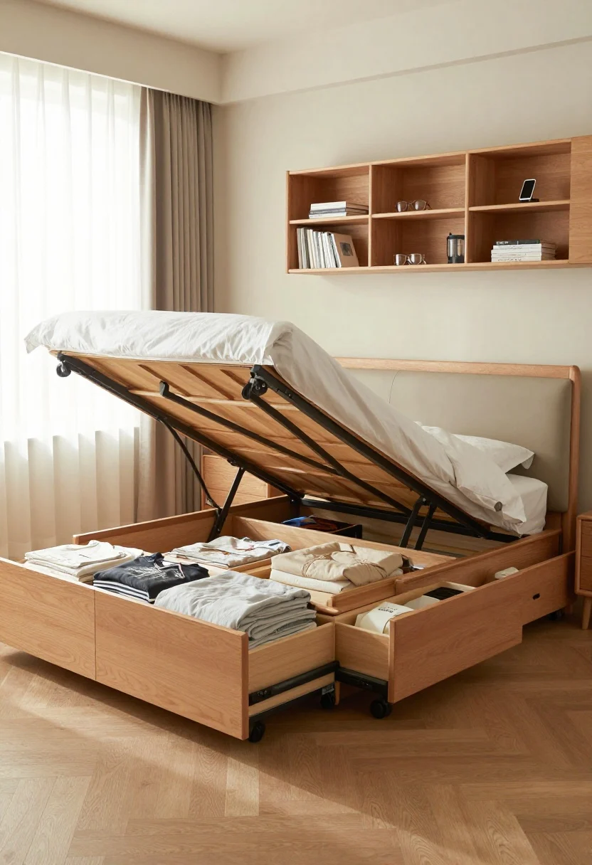 Wide shot: A small modern bedroom with a storage bed featuring built-in drawers slightly pulled out showing neatly folded off-season clothes and linens; an ottoman lift platform bed partially raised revealing duvets and a compact suitcase; a headboard with cubbies holding books, glasses, and a phone on a charger; slim rolling under-bed bins labeled and tucked in; neutral palette with warm wood, white bedding, and soft morning light through sheer curtains; clutter-free, calm, photorealistic.