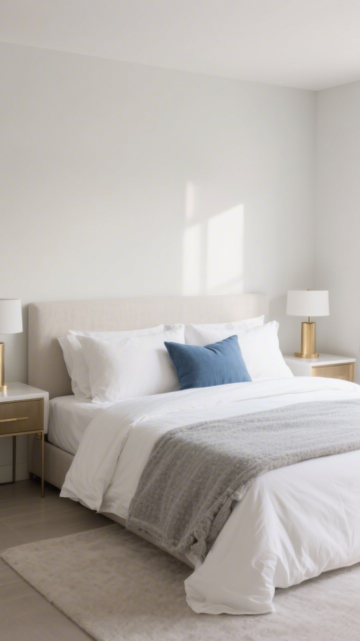 Wide shot of a serene bedroom focusing on a calm-first, contrast-second palette: large neutral bedding pieces in ivory and pebble gray with tonal layering, plus a single denim-blue accent pillow for restrained contrast; clean lines, uncluttered nightstands with brass accents, soft even daylight to enhance the calm, tonal feel.