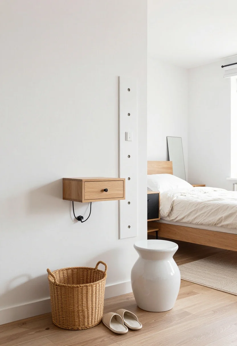 Wide shot of a small bedroom using space-savvy hacks: a wall-mounted floating nightstand (single drawer) with visible cable grommet hiding cords, airy floor space below holding a woven basket and slippers. A skinny silhouette piece opposite (10–12 inches deep, tall and narrow) with drawers. An unexpected stand-in on the other side: a white ceramic garden stool as a compact surface. A small dresser doubles as a nightstand on one side if room permits. Mirror behind one nightstand to bounce light and visually expand space. Bright natural light, tight footprint, everything measured to clear outlets.