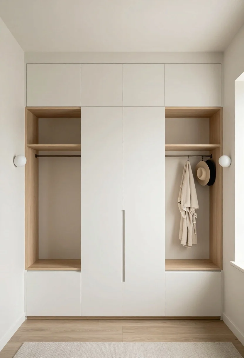 Wide-to-medium shot: Vertical storage zone around a centered bed—pair of floating shelves acting as nightstands on both sides, matching wall sconces, a slim 18-inch-deep wardrobe with clean fronts on one side, handle-free overhead cabinets mounted above the headboard for seasonal storage, and a peg rail with hats and a robe; calm, symmetrical alignment for a serene wall read; soft balanced ambient lighting with gentle window light; straight-on, symmetrical composition.