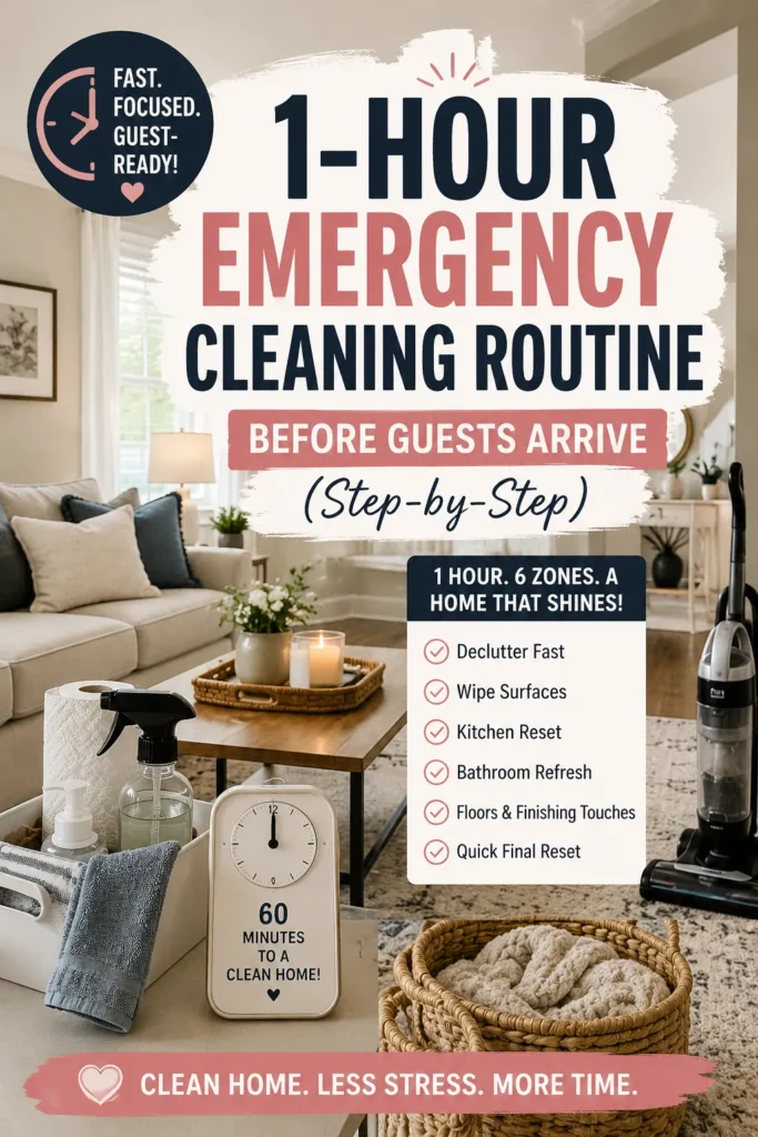 Need to clean fast before guests arrive? This 1-hour emergency cleaning routine walks you through exactly what to do step by step for a quick, stress-free clean.