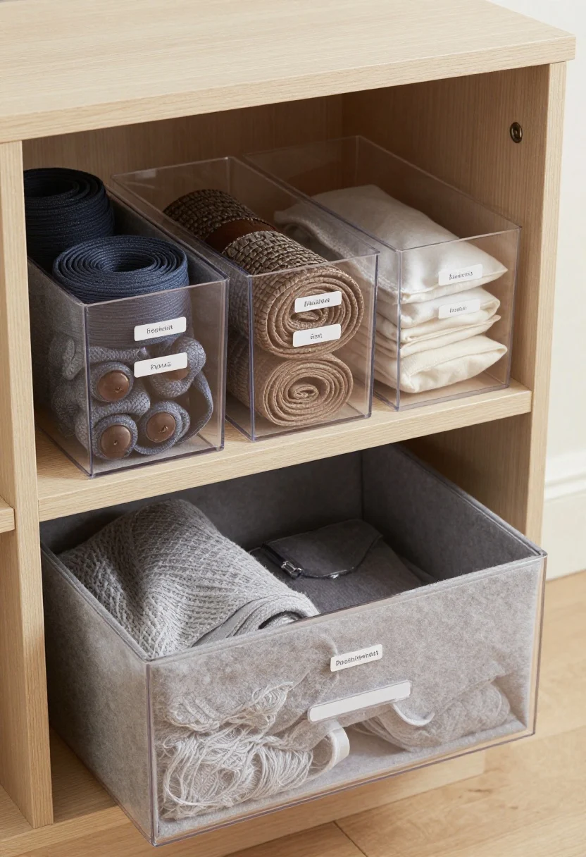 A close, drawer-height detail shot of shallow pull-out bins on a low shelf and one larger drawer-style bin on the floor: individual bins labeled and purpose-specific—belts coiled, tights folded, travel gear in pouches, a lint/defuzz kit; felt or acrylic dividers keep categories tight; transparent or semi-clear materials for quick ID; soft, indirect light accenting textures of felt, acrylic, and woven accessories; no people.