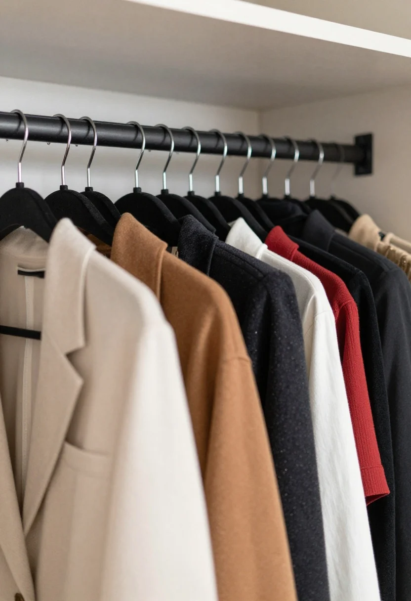 A closeup, slightly angled detail shot of a closet rod densely filled with ultra-slim nonslip velvet hangers (all matching, charcoal or black) holding color-grouped garments: neutrals together and brights together; a couple of clip hangers for skirts and one hanger cascader to save rod length; focus on the thin hanger profile and grippy texture, with shallow depth of field and soft, even ambient light to emphasize the space gained; no bulky wooden hangers, no people.