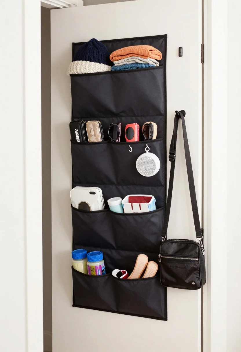 A medium, door-open shot from a corner angle focusing on the back of a closet door outfitted with an over-the-door pocket organizer: top tiers hold seasonal extras like knit hats and gloves, middle tiers store small bags, sunglasses cases, and a travel-sized steamer, bottom tiers contain workout bands and a compact shoe-care kit; a slim hook rack alongside for belts and a crossbody bag; pocket with a visible lint roller; organizer kept shallow so the door closes; bright, even lighting for clarity; no people.