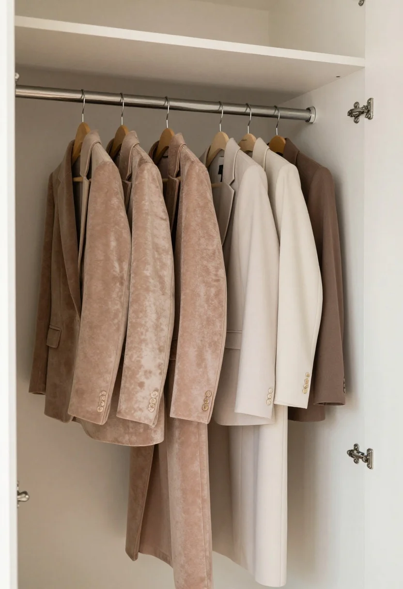 A medium, straight-on shot inside a tiny closet showing a double-decker hanging setup: the original rod lowered a few inches holding neatly spaced tops and skirts on matching slim velvet hangers, with a second adjustable tension rod installed above supporting blazers and light jackets; a narrow long-hang zone to one side leaves about 40 inches clear for dresses and coats; visible wall anchors for secure install; calm, uniform look from identical hangers; soft, natural daylight from the room illuminating matte velvet hanger texture and tidy garment lines; no people.