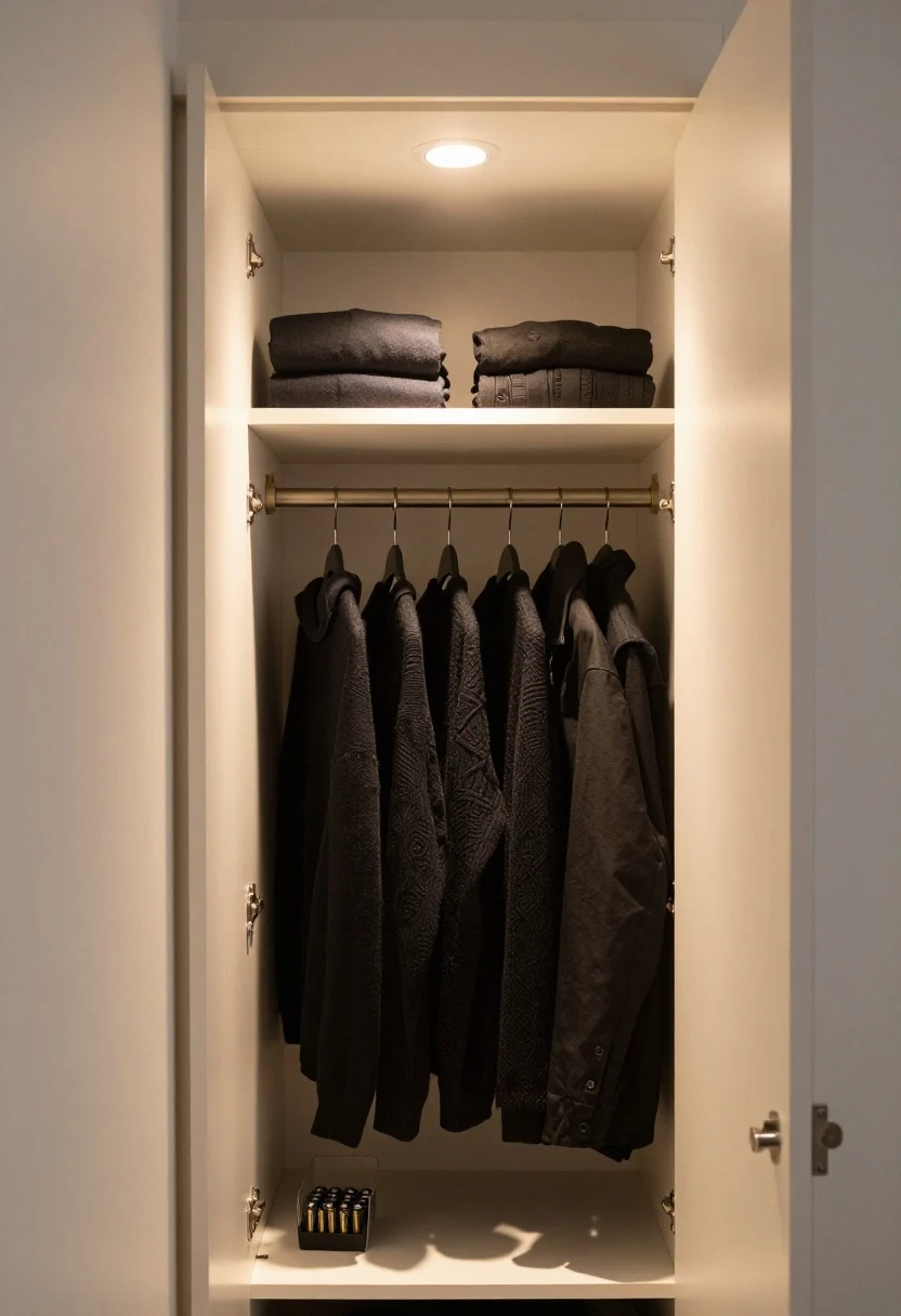 A medium, straight-on shot of a small closet glowing with renter-friendly lighting: motion-sensor LED strip lights adhered along the door frame casting warm, inviting illumination, plus an adhesive puck light centered above the top shelf; the warm color temperature reveals nuanced tones among a row of black sweaters and other garments; rechargeable batteries visible in a small labeled bin; overall tidy, calm scene that suggests an easy weekly reset; no people.