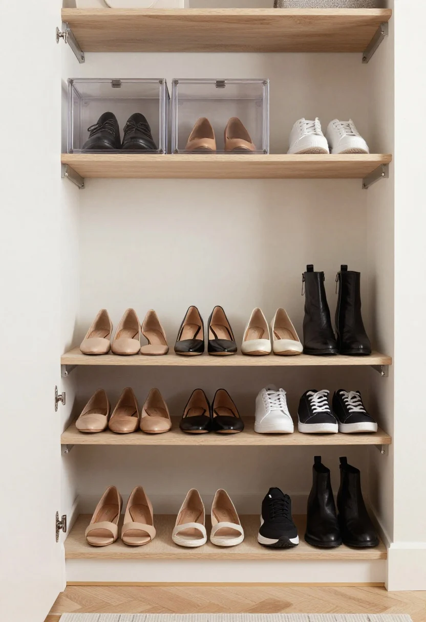 A wide, floor-level boutique-style view of the closet bottom: a two-tier shoe rack neatly holding flats and sneakers below, with a slanted shelf above showcasing heels and ankle boots for easy visibility; to the side, a few pairs in clear-front labeled shoe boxes on an upper shelf; a thin, washable mat under the racks to protect the floor; zones arranged with daily shoes front and center and occasion pairs off to the side; neutral tones and soft ambient light for a clean, organized mood; no people.