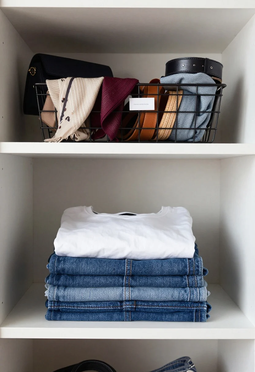 An overhead, detail Tetris-style shot of a closet shelf using vertical space: folded denim stacked on the base, a white tee stack on a metal shelf riser above, and an under-shelf wire basket beneath catching scarves, clutches, and belts; small minimalist adhesive labels on baskets; mix of textures—denim, cotton, smooth leather—against a clean white shelf; balanced, diffuse lighting highlighting layers and heights; no people.