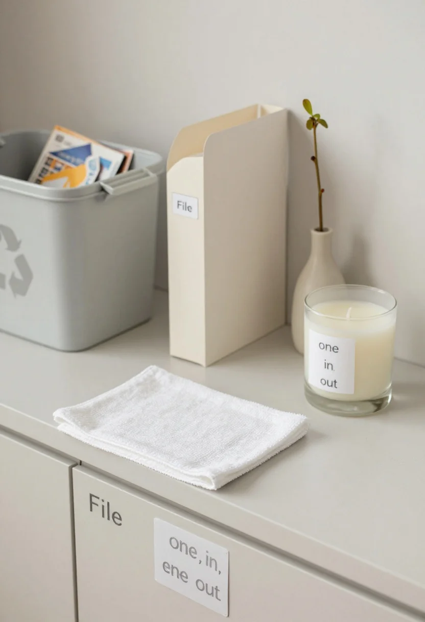 Closeup detail of a 10-minute reset in progress (no hands, no people): a microfiber cloth resting beside a lightly dusted shelf edge; a small countertop recycling bin open with junk mail inside while a labeled “File” folder stands nearby; a fresh single stem placed in a narrow bud vase and a new candle swapped onto the shelf; one lidded basket removed and another slid in to imply “one in, one out”; clean, orderly labels; textures of paper grain, matte ceramic, and soft microfiber; calm morning light, crisp realism; photorealistic.