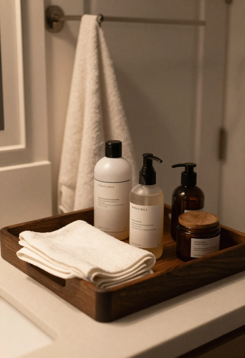 Closeup, evening ritual detail on a tray: a microfiber cloth wiping a small countertop tray, products being returned neatly with the newest rotated to the front, and a partially filled jar being topped up from a backup bottle. In the background, a slim hamper peeks from behind the door for used towels/washcloths. Warm, cozy evening lighting suggests a five-minute reset; clean labels, calm, orderly mood.