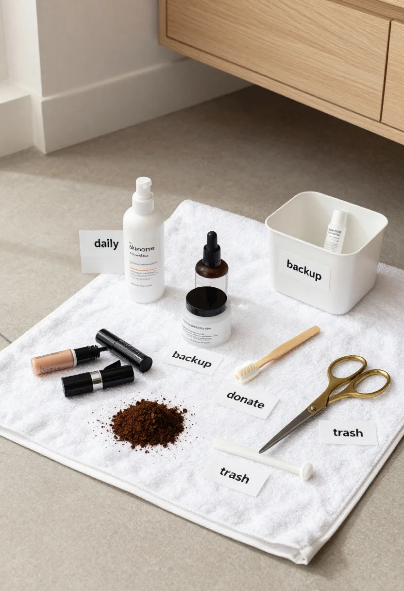 Closeup, overhead detail shot of a bathroom floor or countertop used as a staging area: neatly grouped product categories laid out on a white towel—skincare, haircare, dental, and tools—with a small discard pile of expired makeup (crusty mascara tubes), half-used hotel minis set aside for donation, and a labeled “backup” bin with one extra of favorites. Neutral palette with white, light wood accents, and brushed brass scissors; soft natural morning light, clean minimal background, no shelves or storage in frame—focus on the edit/purge process and labels like “daily,” “backup,” “donate,” “trash.”