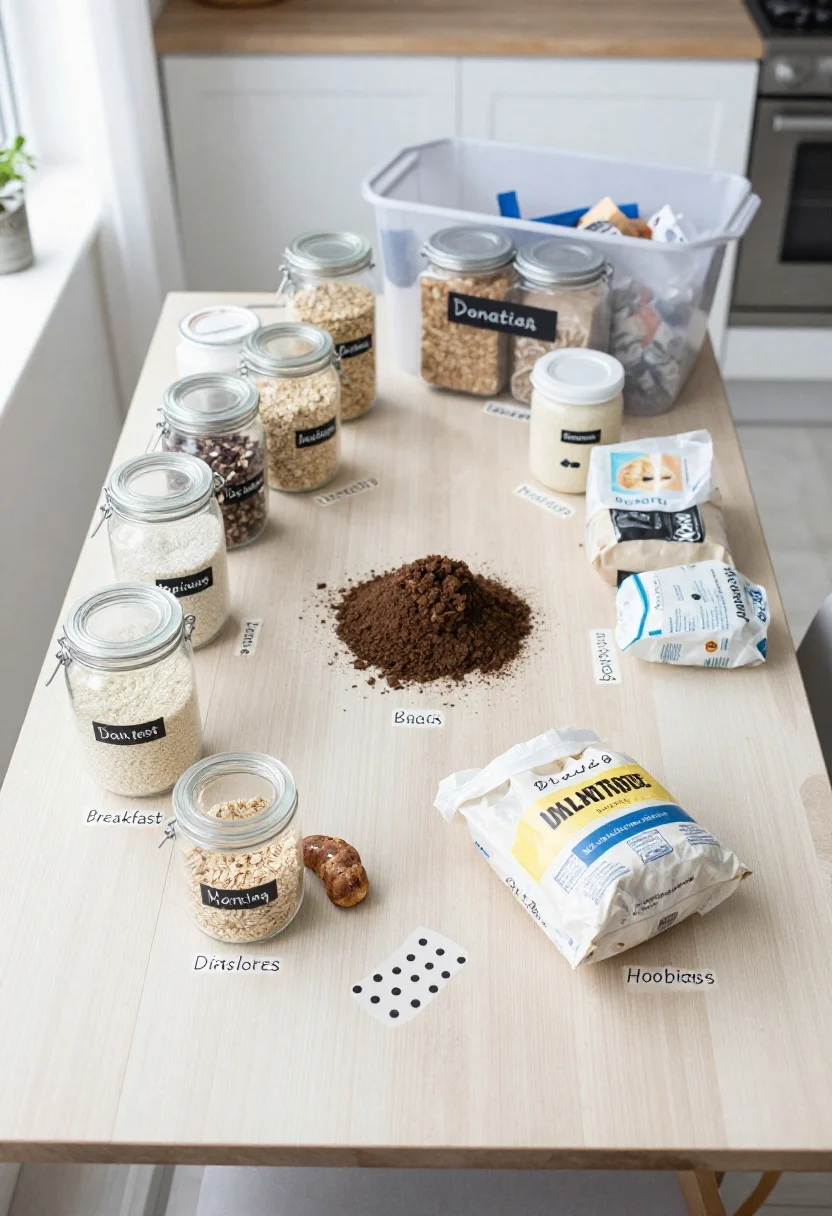 Closeup, overhead shot of a kitchen table covered in categorized piles from a ruthless reset: clear canisters and chalk labels on one side, a donation bin and compost bags on another, and neatly grouped categories labeled breakfast, baking, snacks, dinner bases, and hot beverages. Include decanted dry goods like rice and oats in transparent jars, a forlorn bag of old bread flour in the donate pile, and a small set of date dots. Neutral, bright natural daylight from a nearby window, limited color palette of clear, white, and soft wood tones, emphasizing tidy groupings and labels.