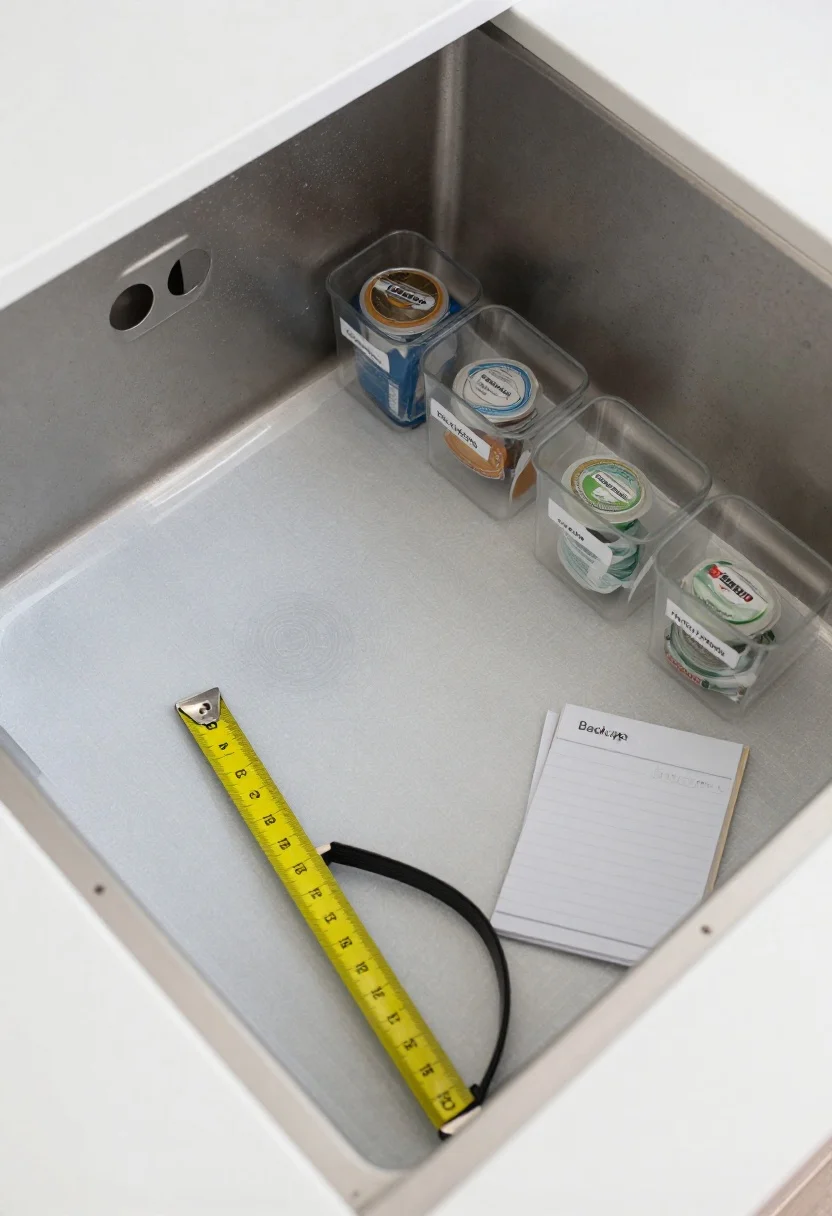 Closeup, overhead shot of an emptied under-sink cabinet floor lined with a fresh waterproof peel-and-stick vinyl mat in a subtle light gray pattern, small clear bins grouped by category (labeled “Cleaning Sprays,” “Dish Supplies,” “Trash Bags,” “Backups,” “Tools”), a tape measure and notepad nearby, with a few decanted pods and sachets visible through the bins; neutral, practical mood with soft natural light revealing clean surfaces and the “wonky” pipe cutouts in the background.