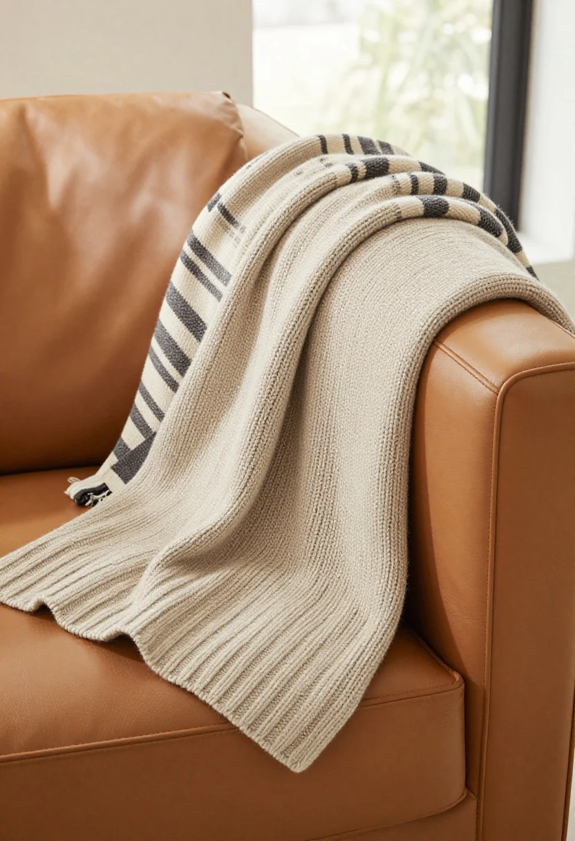 Closeup, straight-on: A neutral chunky knit throw in oatmeal tri-folded with precise edges and draped over the arm of a sleek caramel leather sofa; a second patterned throw with a bold, graphic stripe in charcoal and cream lies folded on the back cushion. Soft natural afternoon light from a nearby window highlights the knit texture and leather sheen. The scene feels curated, with one statement throw and one neutral visible, no other blankets in sight.