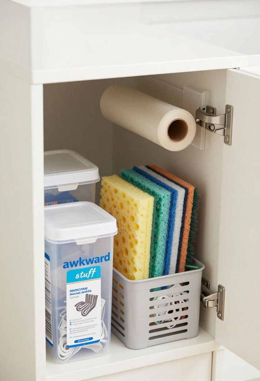 Closeup, straight-on detail of “awkward stuff” containment: a magazine file holder acting as a vertical trash bag dispenser with a roll peeking out, a flip-top clear container of dishwasher tabs, a ventilated bin cradling sponges and brushes to dry, and a small lidded “utility” box labeled for hex keys, appliance manuals, and extra gaskets; crisp, photorealistic textures of plastic ventilation and paper labels, clean, neutral palette.