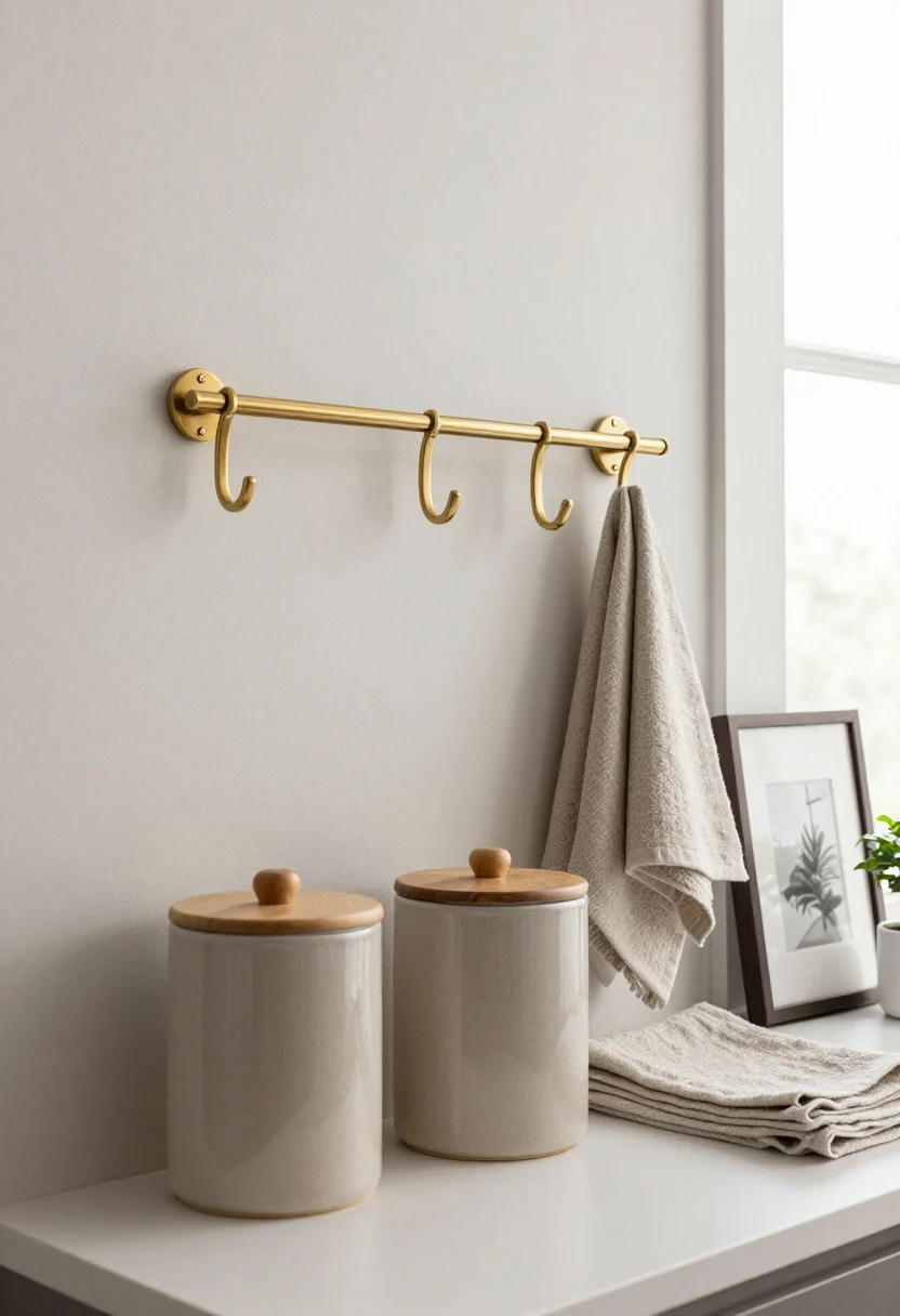 Closeup vignette of styled, functional details that encourage maintenance: brass hooks and a matching rail system (one metals rule) holding utensils; neutral-toned canisters with wood lids repeating texture; a ceramic utensil crock; a small framed art print and a petite plant on the windowsill; linen towels folded nearby. Controlled color discipline—mostly neutrals with one subtle accent color. Soft morning light, tactile textures highlighted, intentional, cohesive rhythm.