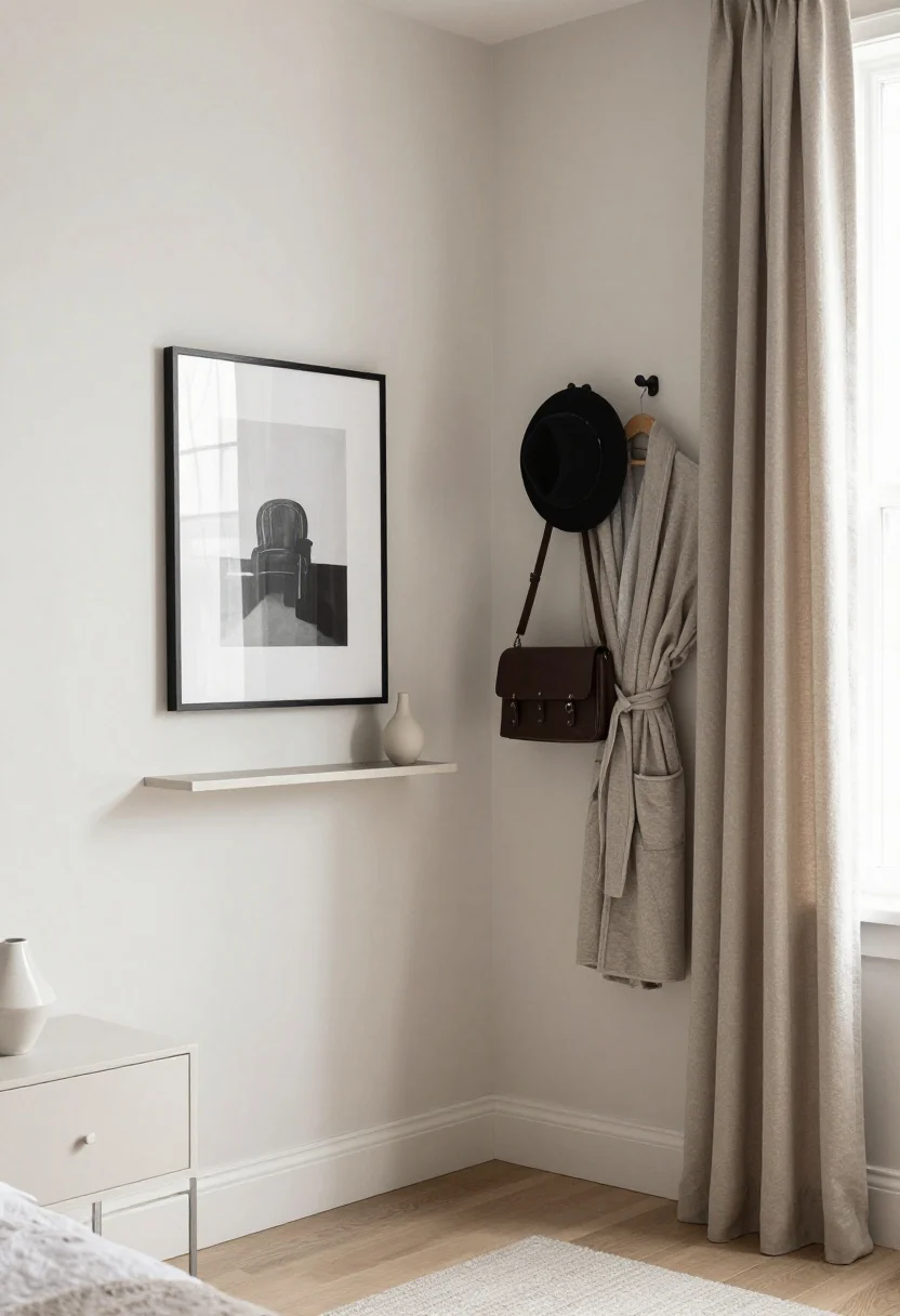 Corner wide shot with vertical emphasis: Walls used as prime real estate. Wall-mounted sconces free up the slim nightstands; picture ledges above the headboard display a single large art print and a tiny vase; high-mounted minimal hooks (6–7 feet) hold a hat and one bag; an over-door rack carries a robe. Curtains hung high and wide frame the window, elongating the room. Tight, tonal patterns and a restrained palette; bright daylight with gentle shadows.