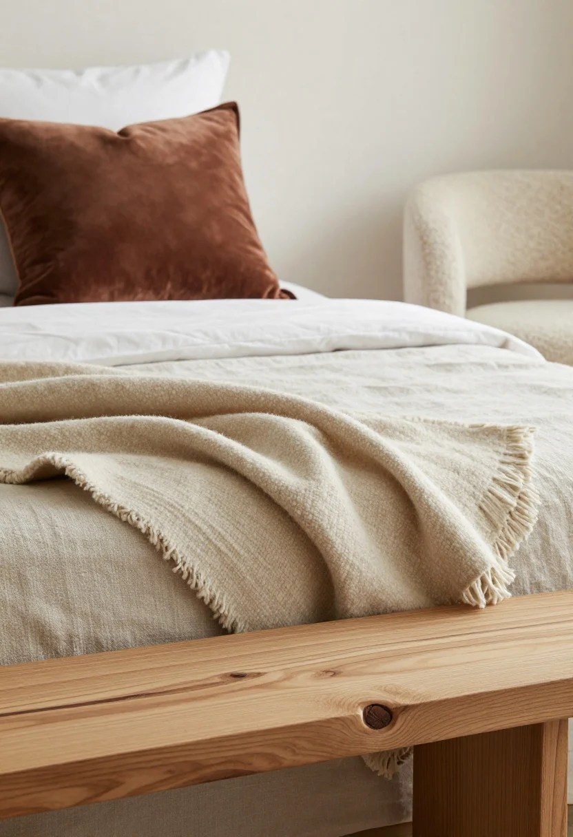 Detail closeup: A textural vignette at the foot of the bed—velvet throw pillow, nubby wool blanket draped over linen bedding, and the corner of a raw-edge natural wood nightstand. Include a boucle accent chair blurred in the background. Soft side lighting accentuates leather, linen, velvet, and wood grain for luxe dimension.