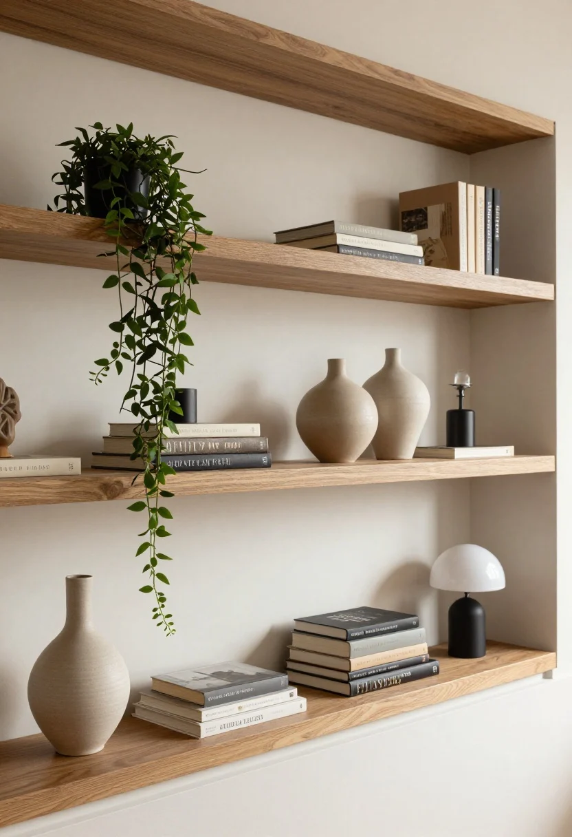 Detail closeup along the ledge: Styled half wall ledge treated like a curated shelf—groupings of three with varied heights: a sculptural ceramic vase, a stack of books, and a small low table lamp; repeated materials in black metal, warm wood, and ceramic; trailing greenery draping slightly to bridge levels; all objects kept under 12–14 inches to preserve sightlines; soft afternoon light, photorealistic.