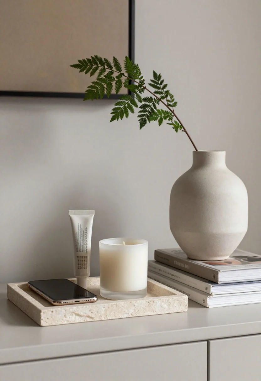 Detail closeup: Intentional accessories on a nightstand—a stone tray corralling a phone, a minimal candle, and hand cream; a sculptural ceramic vase beside a small stack of art books. Three-piece cluster for balance, with a sprig of greenery adding life. Urban Bronze wall softly blurred in the background.