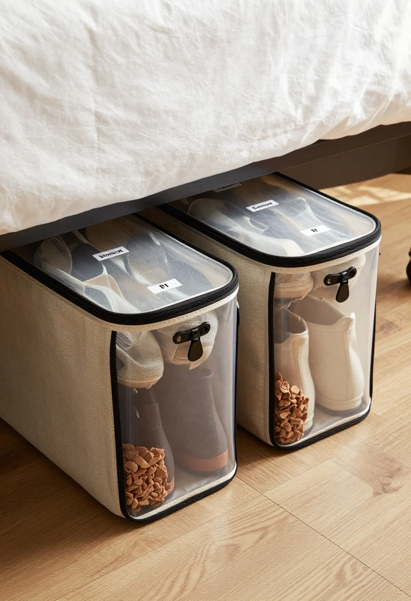 Detail closeup, low side angle under a bed: two zippered under-bed shoe bins slid halfway out, hard-sided with clear tops revealing neatly grouped shoes labeled by season and activity (workout, dressy, errands); cedar chips or sachets tucked in corners; low-profile rolling bin wheels visible; textures of canvas bin fabric, smooth zipper pulls, and clean hardwood floor; cool morning light raking in from a nearby window, highlighting dust-free surfaces; photorealistic.