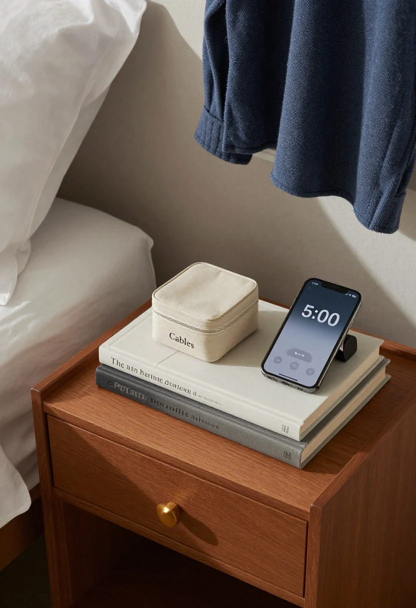 Detail closeup: Nightly 5-minute reset in action symbolism. A tidy bedside with exactly two books capped on the nightstand, a small lidded box closed, and a labeled pouch reading “Cables” acting as a cable amnesty box. Nearby, a small laundry hamper placed within arm’s reach of where clothes land. A phone screen on the nightstand shows a 5:00 timer. Soft ambient sconce glow, surfaces clear and ready for morning.