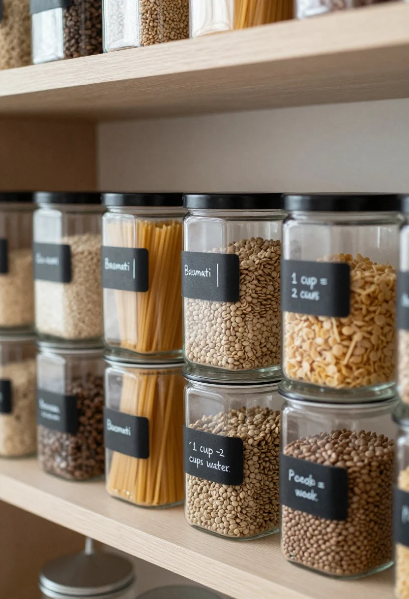 Detail closeup of a decanting station on a narrow shelf: a modular, consistent set of airtight square canisters lined up with grains and pasta; narrow jars for spaghetti and lentils; chalk labels reading item + cook cue (e.g., “Basmati | 1 cup = 2 cups water”); a small funnel set nearby; subtle date dots on the bottoms. Keep palette neutral with clear containers, matte black or white labels, light wood shelf. Soft diffused daylight emphasizing clarity and alignment.