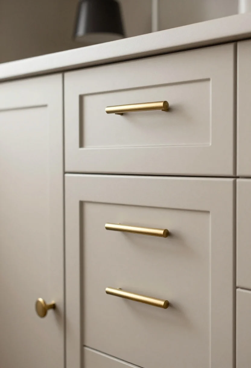 Detail closeup of cabinet hardware upgrade: slim brushed brass bar pulls on long drawers, rounded knobs on smaller doors, and a matching appliance pull on a paneled fridge; show correct scaling on various drawer widths; nearby pendant light in a different but coordinated metal finish (e.g., matte black) for smart mix; neutral cabinet color (mushroom/greige) as backdrop, shallow depth of field, natural morning light.