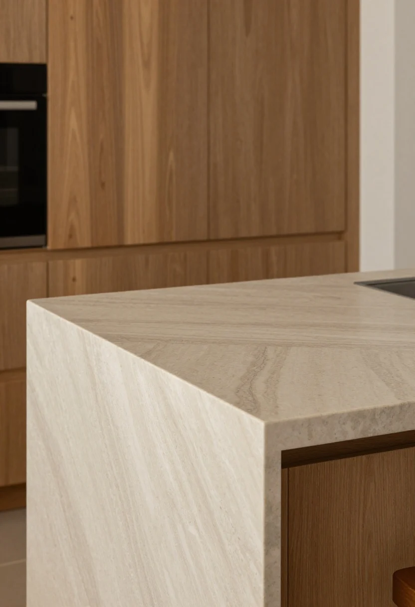 Detail closeup of countertop surfaces: honed quartz with subtle veining paired with warm-toned cabinetry; a small inset of dark soapstone and a butcher block accent board to illustrate quieter patterns; undertones coordinated (warm with warm); island edge in frame featuring a contemporary waterfall finish; soft, diffuse lighting to emphasize matte texture and veining without glare.
