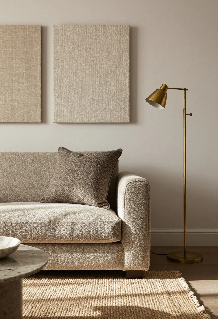 Detail closeup of mixed textures on adjacent levels: A composition showing texture cousins—boucle upholstery on the lower-level sofa with textured throw pillows, a sisal rug below; upstairs a linen-weave chair fabric and a wool flatweave rug; metals that match-ish (aged brass floor lamp base near antique bronze hardware); a small travertine side table and a marble bowl adding stone polish; natural light raking across surfaces, photorealistic.