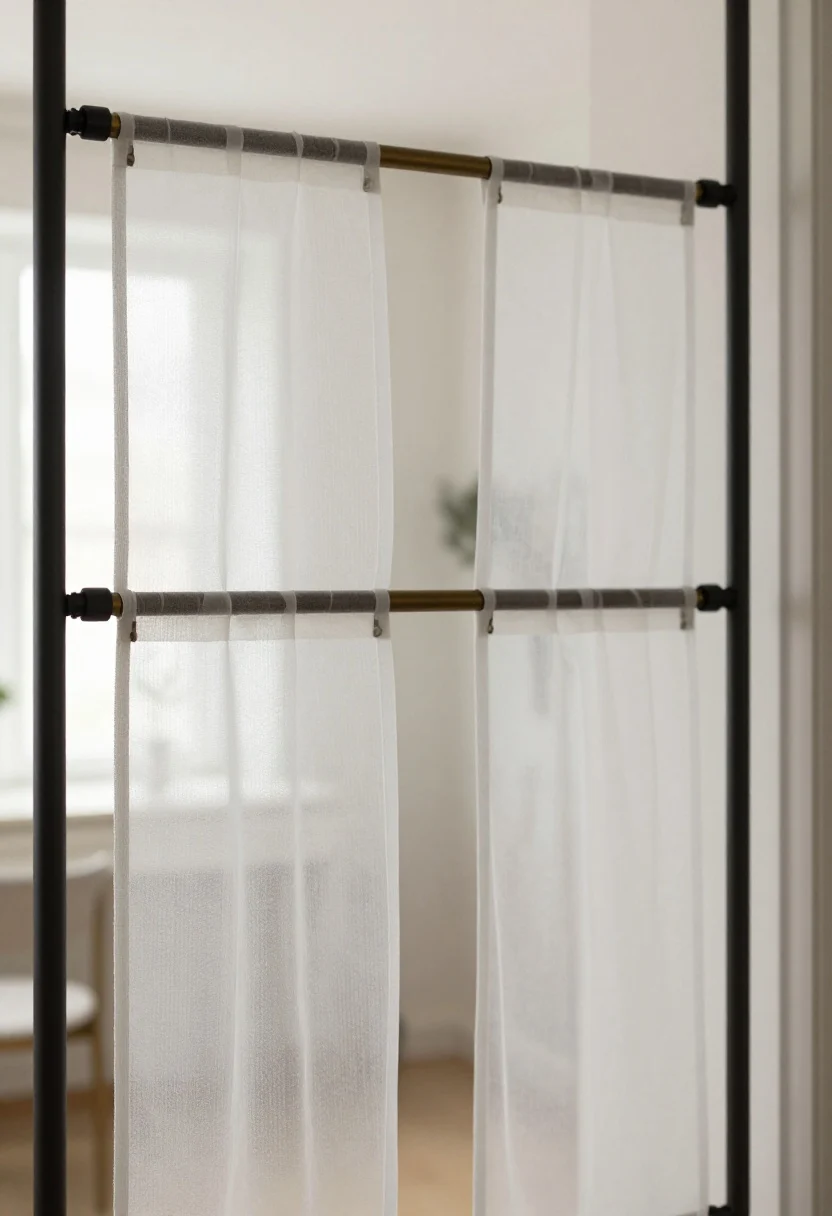 Detail/closeup shot of tension-rod “French doors”: two narrow sheer panels hung on dual tension rods—one at the top of the opening and one at mid-height—creating a softly gathered, architectural look. Show matte black or matte brass rods with low glare; delicate sheer fabric texture and gentle pleating. Include simple magnetic tiebacks resting at the sides, ready to part the “doors.” Background softly blurred to suggest a compact space where swing clearance is limited. Airy, elegant mood with soft morning light, photorealistic.