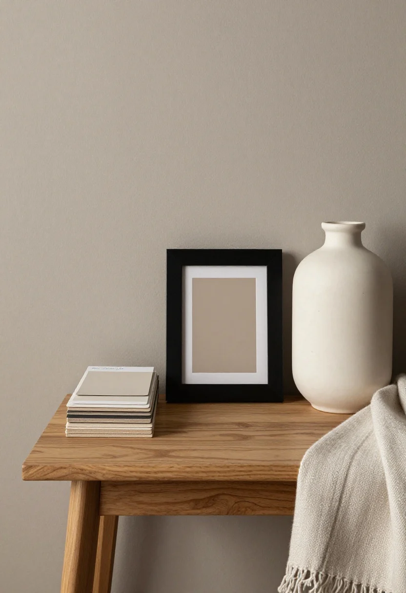 Detail closeup: Tonal neutral vignette on a wood side table against a greige wall—three strengths of warm taupe visible in wall paint swatches or stacked sample boards; creamy off-white ceramic vase, black picture frame for contrast; textures front and center: bouclé throw draped nearby, slub linen napkin, visible wood grain; warm, inviting light, overhead perspective, photorealistic.