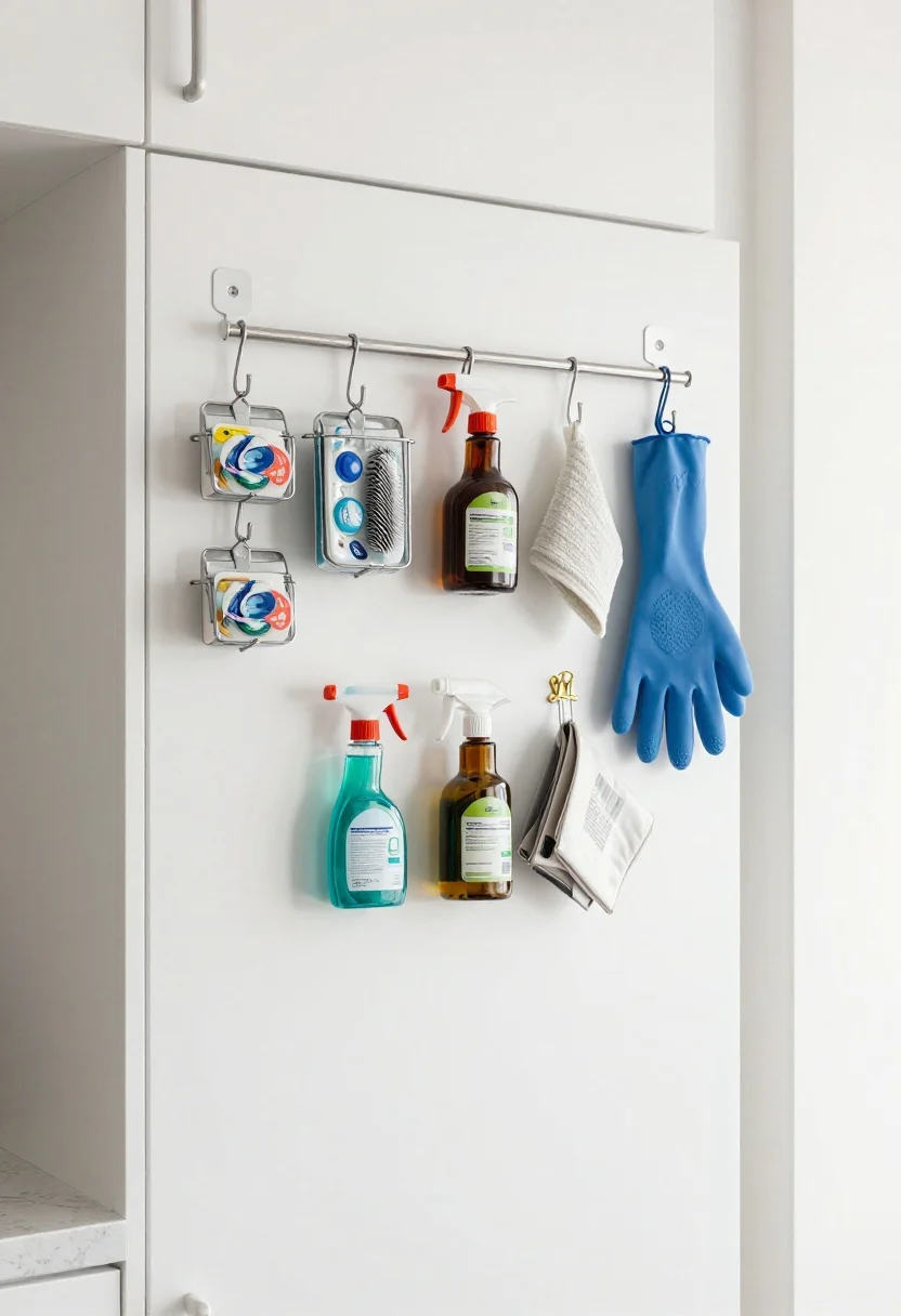 Detail shot from a slight corner angle of cabinet doors and back wall: slim door-mounted caddies holding dishwasher pods and scrub brushes, a tension rod across the back suspending light trigger-spray bottles, and a few removable Command hooks with hanging rubber gloves and a dishcloth; include a binder clip sealing an opened bag; bright, organized feel with even lighting and careful clearance so caddies don’t hit the frame.