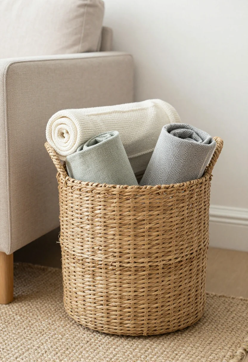 Detail shot, low angle: A tall, narrow woven basket (12–16 inch diameter) in a tone matching a natural jute rug, placed next to a sofa leg. Inside, three throws are rolled spa-style—cream knit, muted sage linen-blend, and a subtle herringbone gray—stacked vertically with ends visible. Gentle morning light, clean background, single basket only to underscore the one-in-one-out limit.
