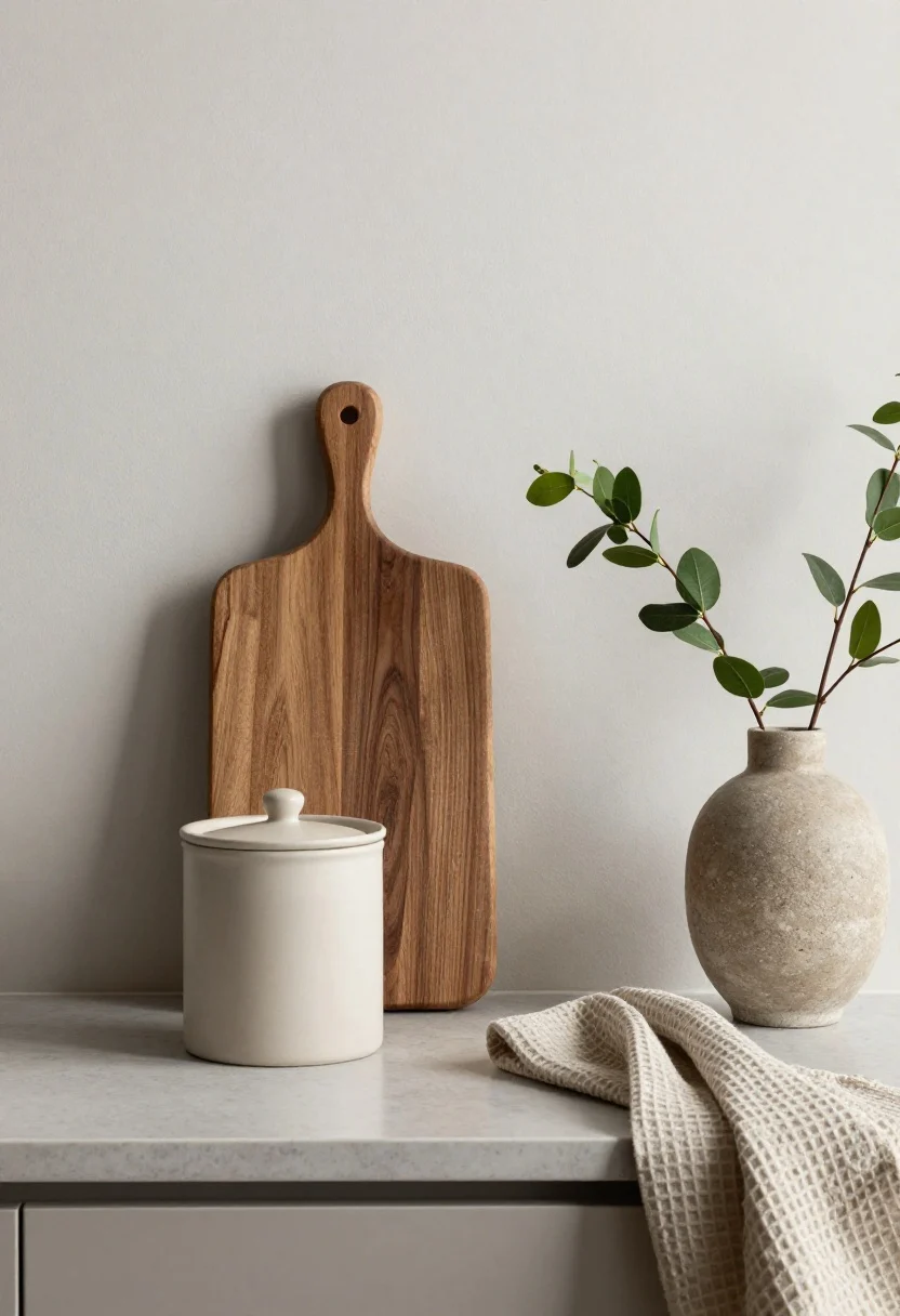 Detail vignette on a countertop corner showing curated decor: a single neutral ceramic canister, a walnut cutting board leaned against a soft-toned backsplash, a matte stone vase with greenery, and a linen or waffle towel; no themed or matchy-matchy sets; mixed materials (wood, stone, matte ceramic) provide texture; negative space around objects; soft side lighting for depth.