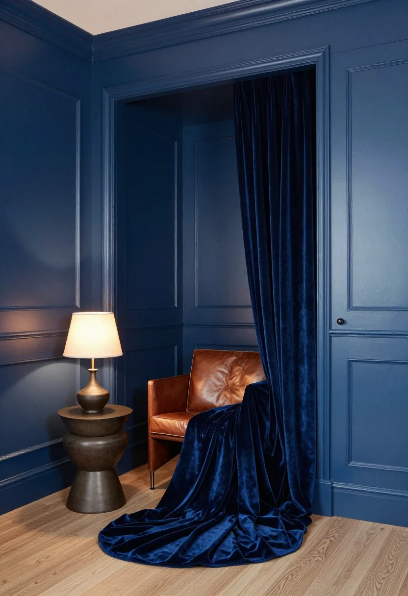 Medium/close detail shot: A dramatic reading nook in inky blue with tone-on-tone walls, trim, and door; velvet drapes pooling onto the floor, matte pottery on a small side table, and a leather accent chair for texture contrast; warm bulbs in an ambient table lamp with a silk lampshade adding subtle glow; near-black hardware on built-ins; moody, cocooning atmosphere; angled side view, photorealistic.