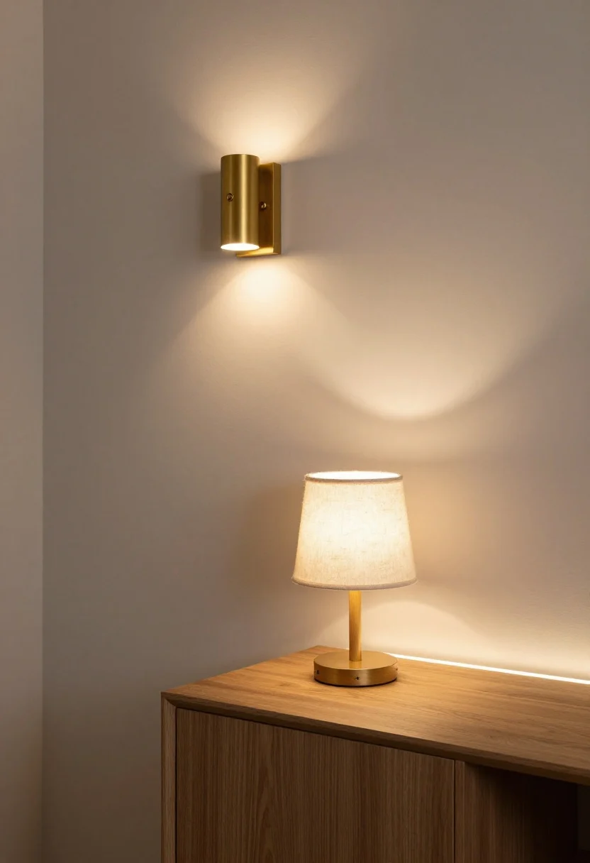 Medium corner shot focused on layered lighting: a plug-in brass sconce or picture light washing the wall (ambient), a small table lamp with a linen shade on a cabinet for task light, and a warm LED strip under a floating shelf creating a subtle glow; visible adhesive cord covers keep lines neat; bulb temperature is warm white (2700–3000K), making the nook cozy, not clinical; finishes tie to prior styling—brushed brass and warm wood; evening scene with lights on, gentle shadows; photorealistic.