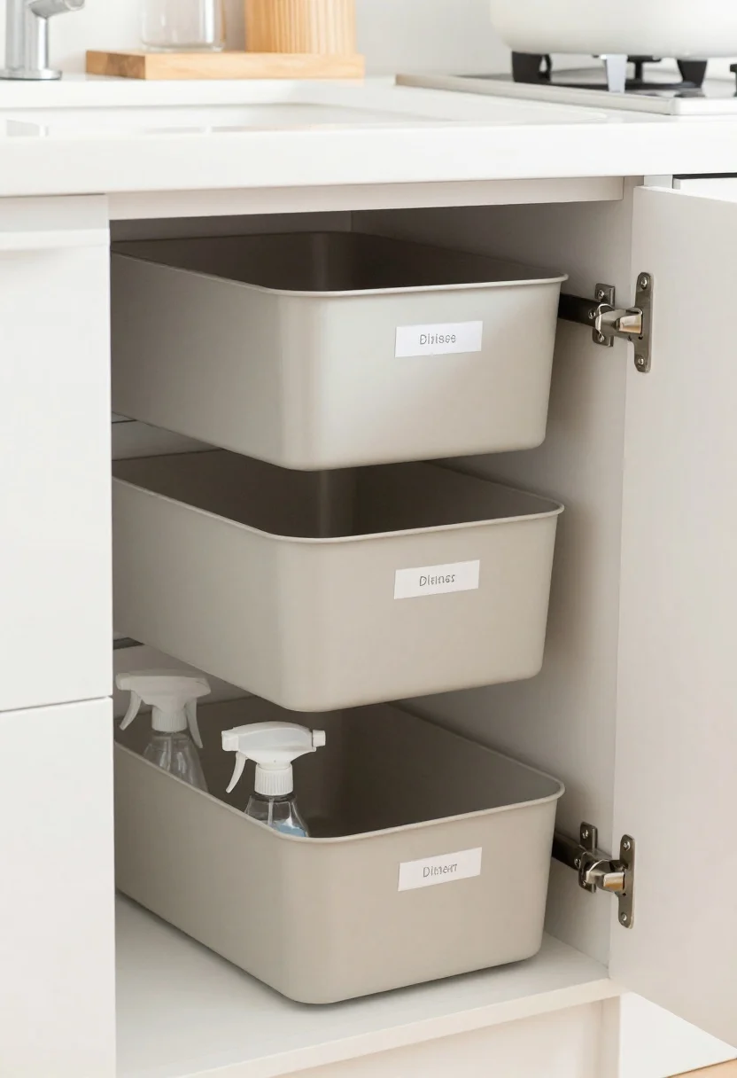 Medium, editorial-style hero shot of the fully organized under-sink: modular bins, door storage with slim caddies, a central daily caddy, tension rod with sprays, and a cohesive neutral palette; labels crisp, surfaces clean, and a subtle charcoal deodorizer present; balanced, bright lighting that makes the inexpensive, simple solutions feel polished and functional, no people present.