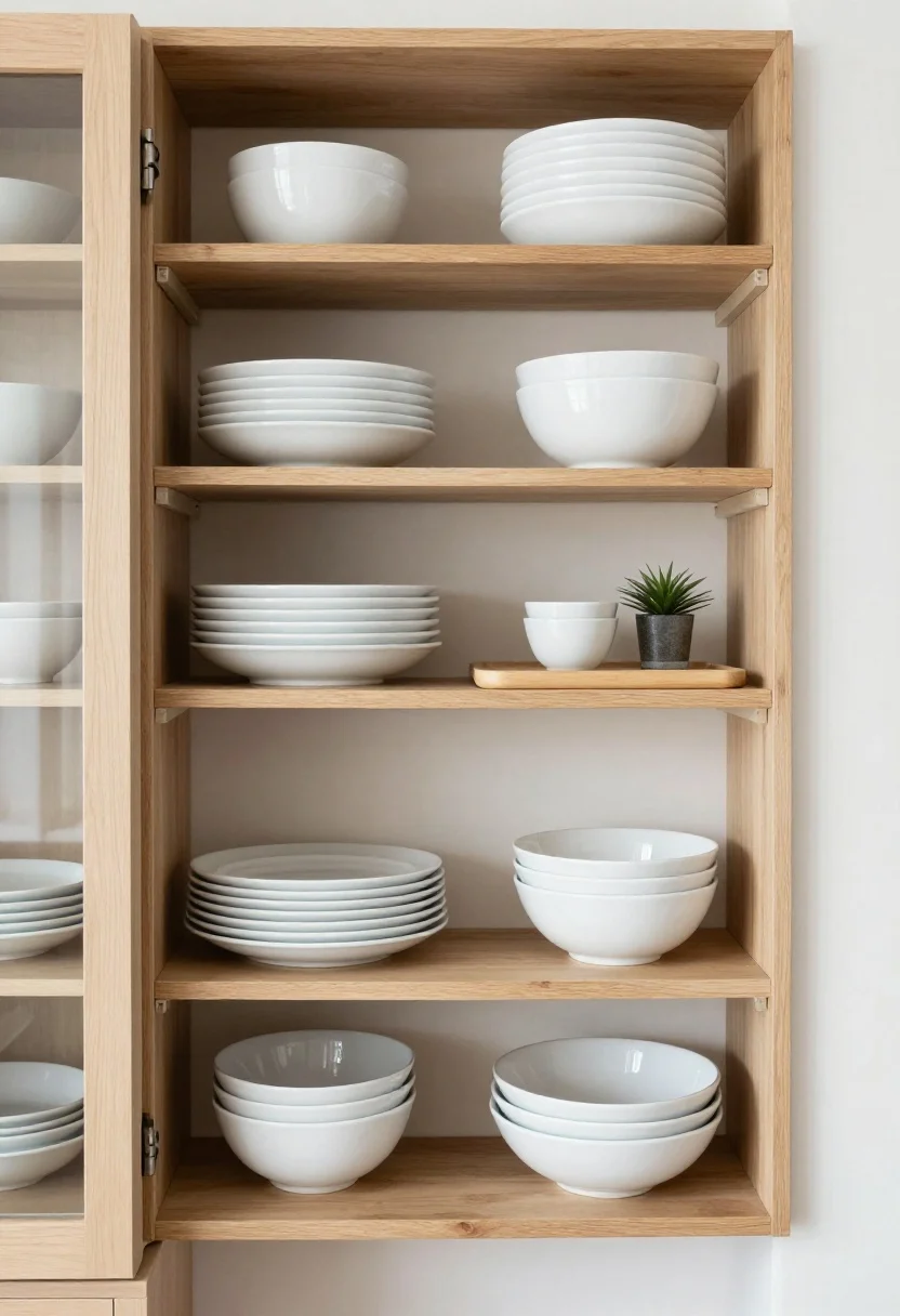 Medium, eye-level shot of open shelving styled with restraint: two natural wood shelves holding neatly stacked white everyday dishes, a couple of bowls, a single small plant, and a leaned cutting board; varied heights and spacing for balance; optional partial glass-front cabinet adjacent; colors from a nearby runner subtly repeated in a bowl glaze; dust-free, bright natural light.
