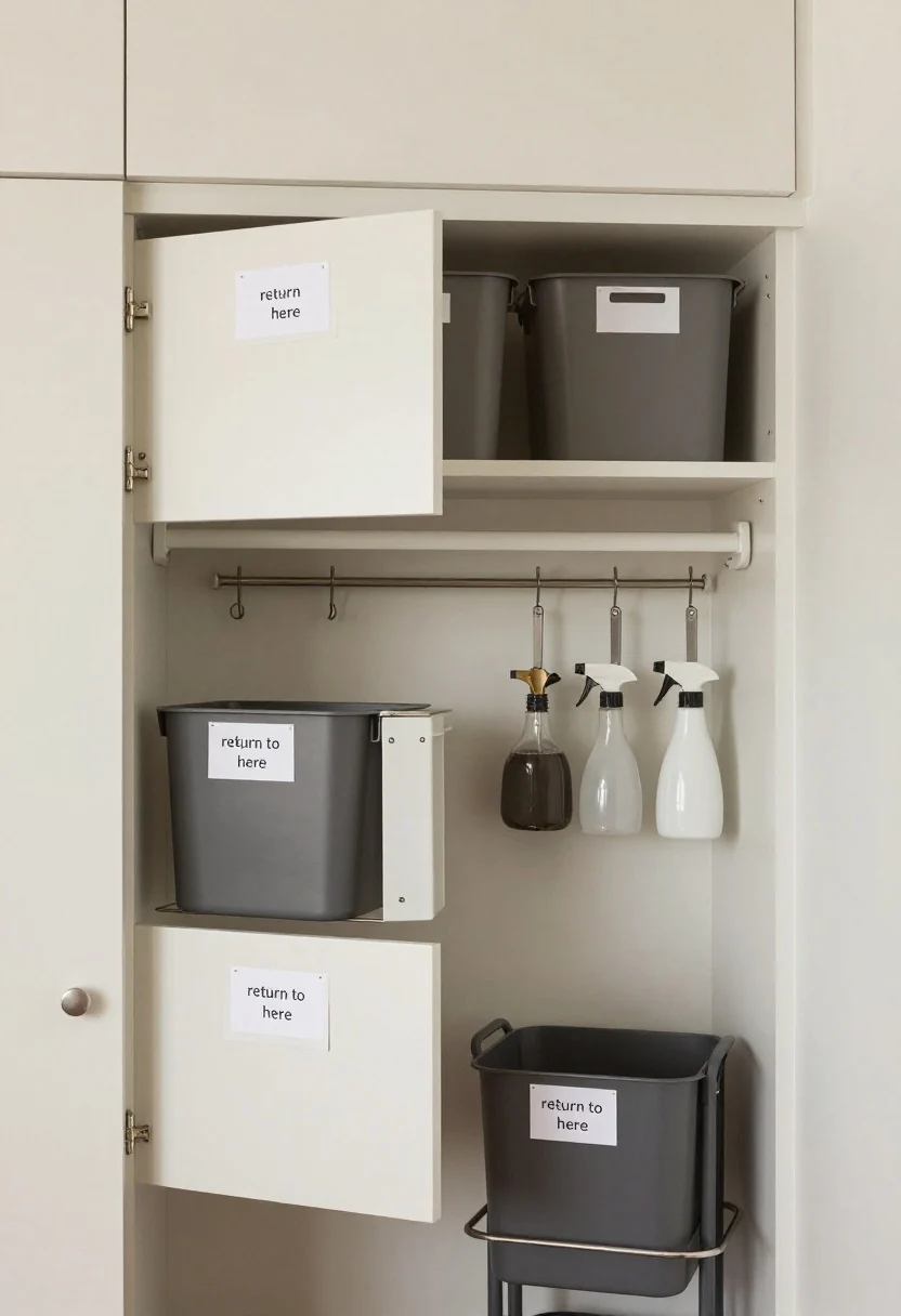 Medium instructional scene for renters and sharers: cabinet doors open to show bins labeled by category (not person) with a simple “return to here” note inside the door; an over-the-door rack on a pantry-free closet holding light pantry items; adhesive hooks and a command-style rail used for utensils; a freestanding cart for overflow; tension rods under the sink corralling spray bottles. Clear, photorealistic labels, neutral tones, soft even lighting, practical and accessible solutions.