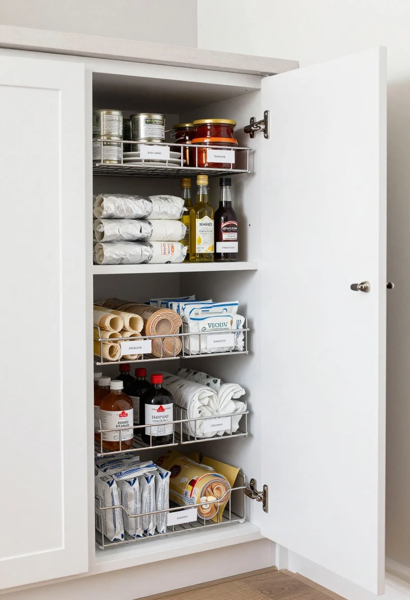 Medium, open-cabinet shot from a slight corner angle showing optimized interiors: white cabinets with risers lifting plates and canned goods for visibility, pull-out wire baskets in the lower cabinet revealing neatly stored pantry items, a door-mounted rack holding wraps, foil, and zip bags, and a lazy Susan with oils and sauces labeled by category. Neutral tones with touches of stainless and clear acrylic for organizers, bright ambient lighting, labels clearly visible, everything grouped like with like.