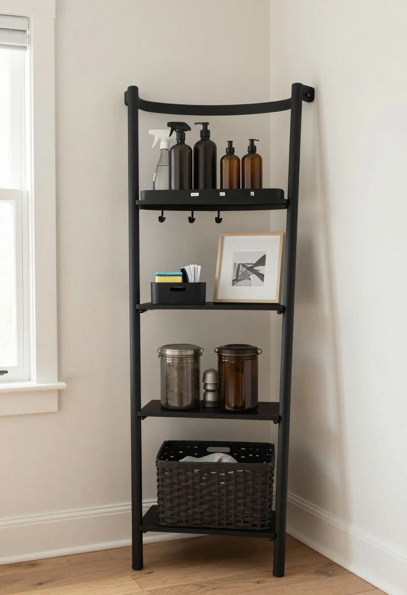 Medium, renter-friendly storage solutions display inspired by the FAQ: a corner with a freestanding ladder shelf (no drilling) holding one basket, one jar, and one small decorative item per shelf; tension pole shower caddy in matte black with just current bottles; adhesive hooks holding a lightweight tray and small framed art; a handled caddy with a mini cleaning kit (spray, sponge, microfiber) on the highest shelf. Labels face forward, tight color palette, bright neutral daylight, clean rental walls intact.