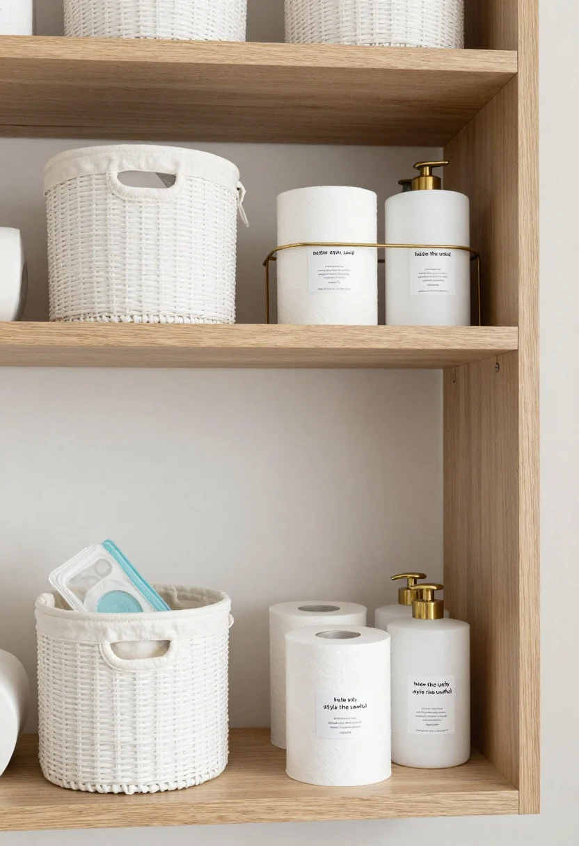 Medium shelf vignette emphasizing “hide the ugly, style the useful”: open light-wood shelves with textured woven baskets (white/light natural), one lined with a fabric bag concealing cleaning wipes and extra toilet paper; matte opaque canisters labeled for cotton pads, floss picks, and hair ties; a rust-proof shower caddy (seen on an adjacent wall) holding only current bottles. Palette restricted to white, light wood, and brushed brass for cohesion. Soft, indirect lighting, intentional styling, minimal visual noise.