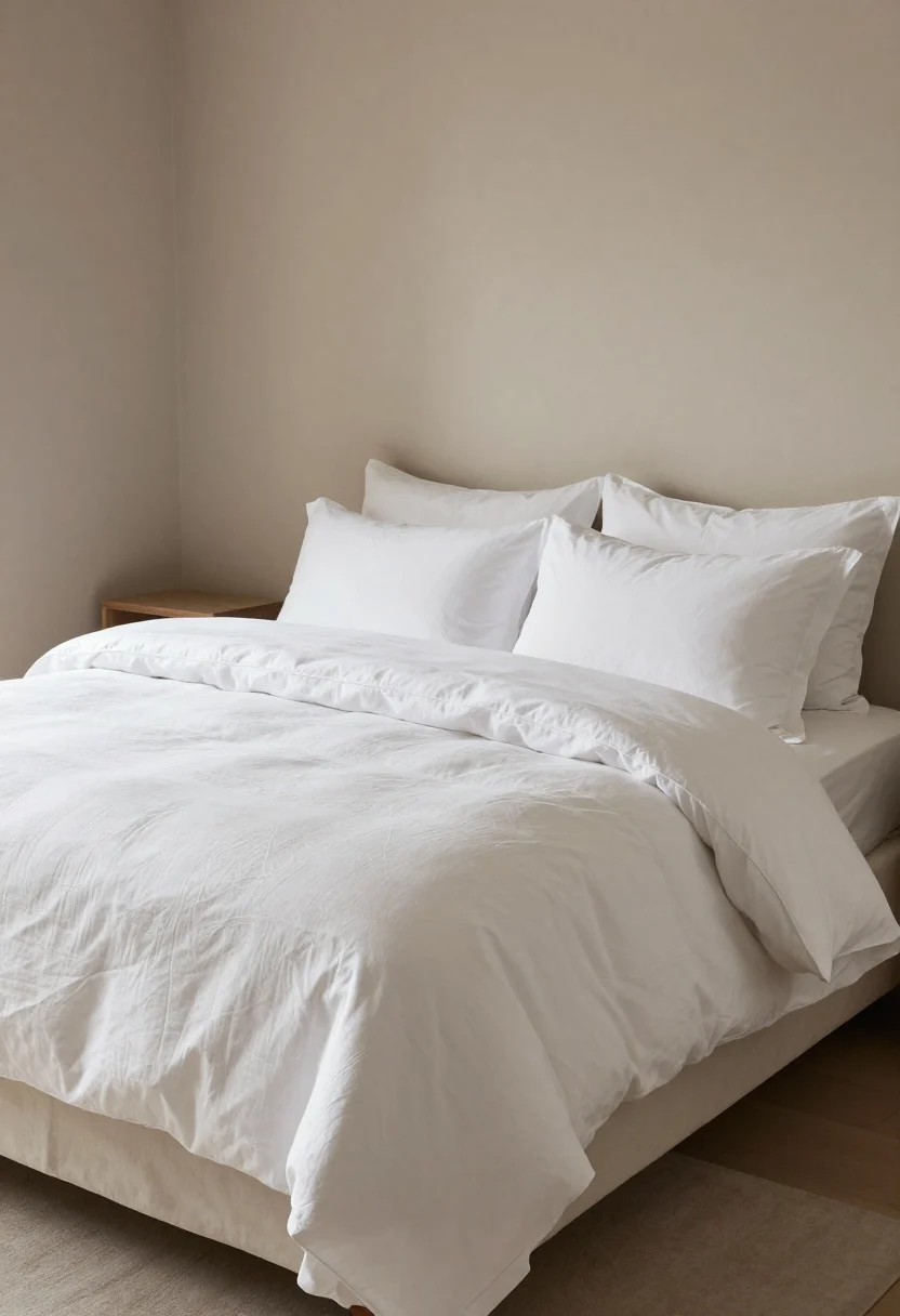 Medium shot: A bed styled with crisp white layered bedding against Urban Bronze walls—cool percale sheet set, folded white quilt, lofty white duvet, and two euro shams for subtle hotel vibes. Mix textures like matelassé and stonewashed linen so the whites feel rich, not clinical. Soft morning light, simple nightstands barely visible, focus on the contrast.