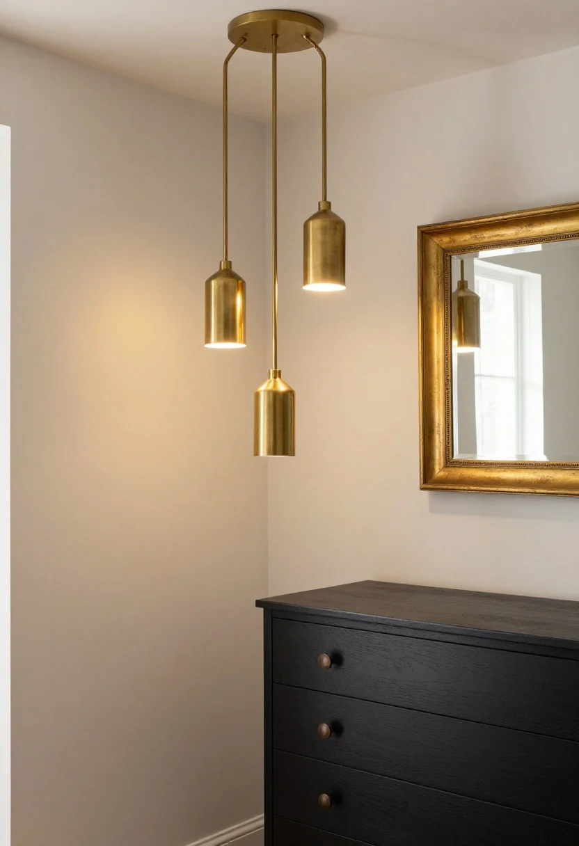 Medium shot: A corner of the bedroom highlighting warm metals—brushed brass pendant or chandelier, antique bronze cabinet hardware on a matte black dresser, and an aged-gold framed mirror. Urban Bronze walls glow under warm bulbs (2700–3000K). Keep metal finishes to two or three, all cohesive and softly reflective.
