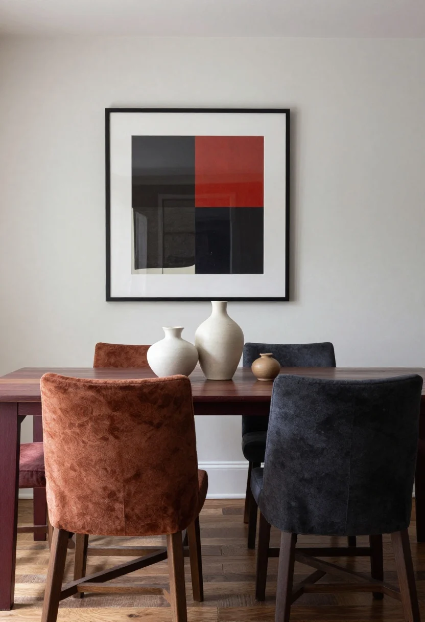Medium shot: A dining room with a moody burgundy wainscot (dip-dyed effect) and crisp white above; wine, brick, and rust accents in velvet pillows on host chairs; charcoal and navy table linens to balance the warmth; ceramic vases as a centerpiece and a bold statement art print on the wall; restrained, energetic vibe; evening ambient lighting, straight-on view, photorealistic.
