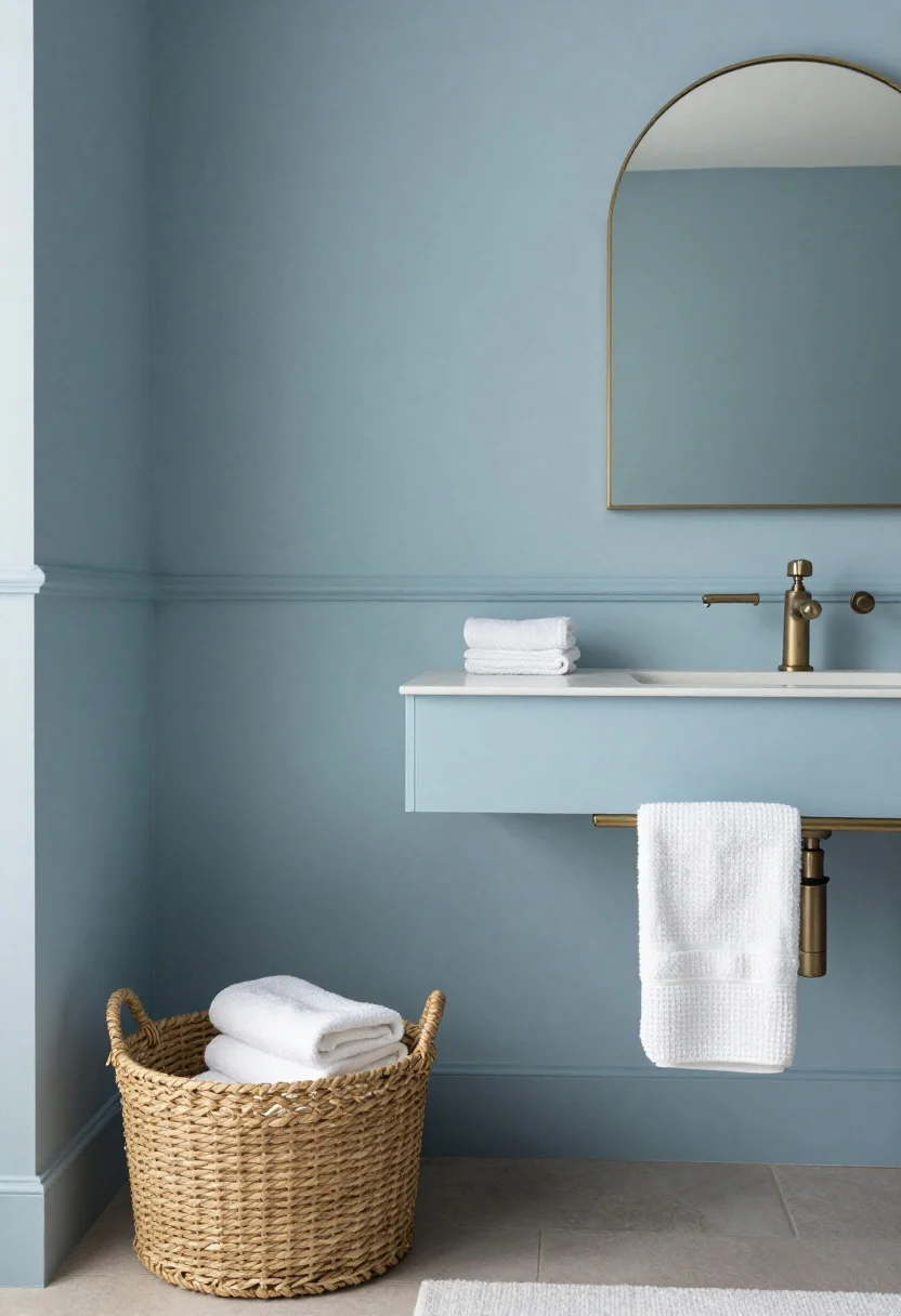 Medium shot: A serene bathroom in powder blue with an eggshell finish for a velvety, spa-like effect; soft slate blue vanity, brushed brass mirror and warm bronze fixtures to prevent a clinical vibe; waffle towels folded in a woven basket, brushed cotton bath mat; uncluttered surfaces, cool and calming mood; straight-on view with soft diffused lighting, photorealistic.