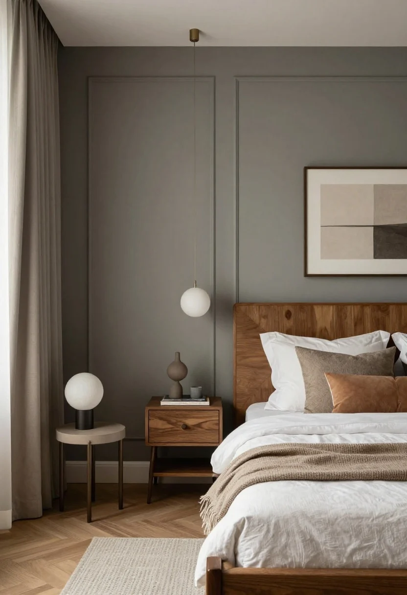 Medium shot: Concluding scene—an inviting, modern-elegant Urban Bronze bedroom with cohesive elements: painted walls, warm woods, soft textures, sculptural accessories kept minimal, and layered lighting. Focus on the transformative mix rather than a theme—clean lines, balanced contrasts, and a cozy, curated mood without clutter.