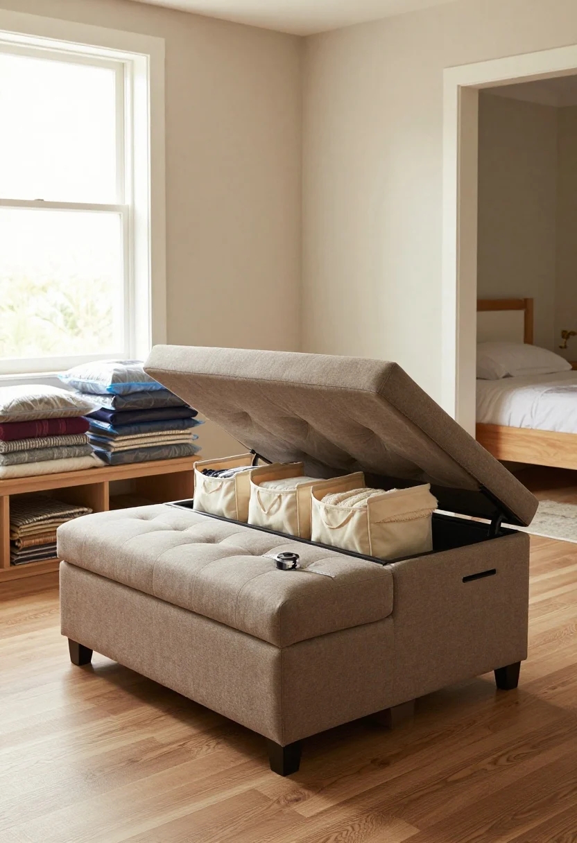 Medium shot, corner angle: A small living room centered on a tufted, lift-top storage ottoman in taupe fabric, lid slightly raised to reveal neatly organized throws inside separated by cotton totes; a bench with cubbies sits under a window holding additional folded blankets in breathable zip bags; a low-profile bed frame peeks from an adjacent room with shallow rolling under-bed drawers. Warm, indirect daylight; include a tape measure on the ottoman to hint at careful measuring.